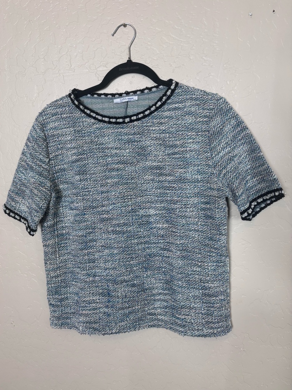 Zara Trafaluc Tweed Knit Pearl Trim Short Sleeve Top Women's Large